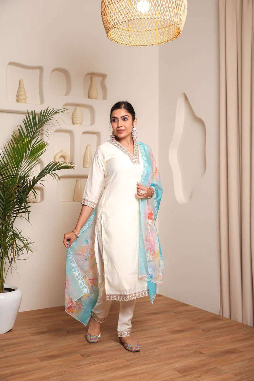 Dixz Fashion Embroidered Pv Chanderi Cotton Suit Set with Organza Dupatta