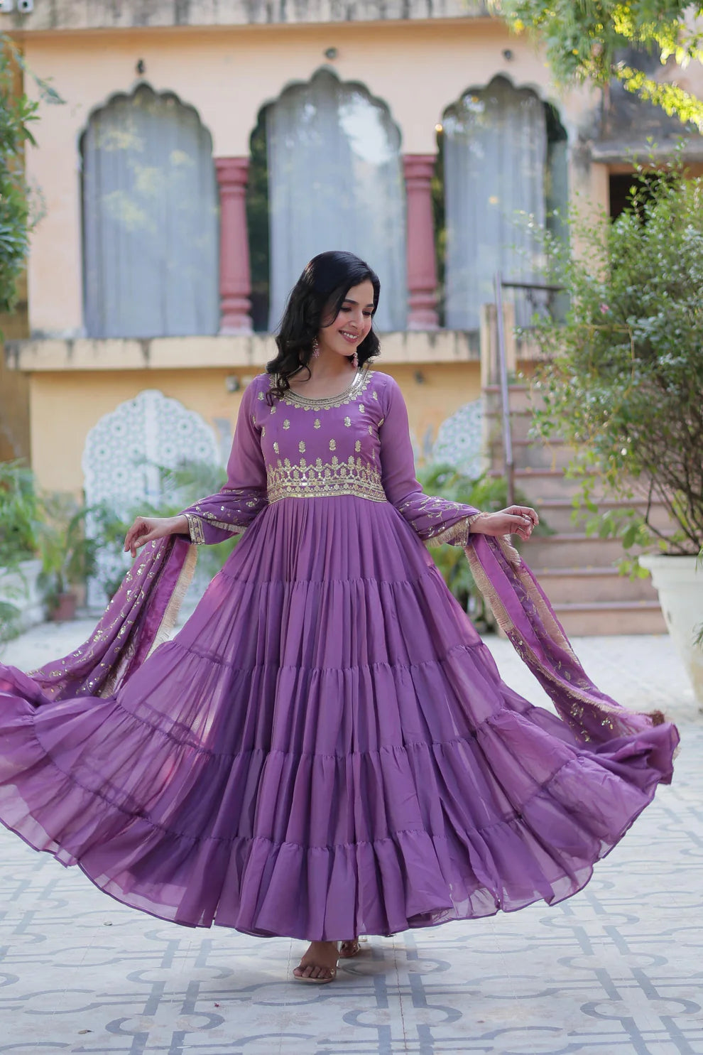 Dixz Fashion Premium Star Georgette 5-Layer Frill Gown with Sequins Dupatta