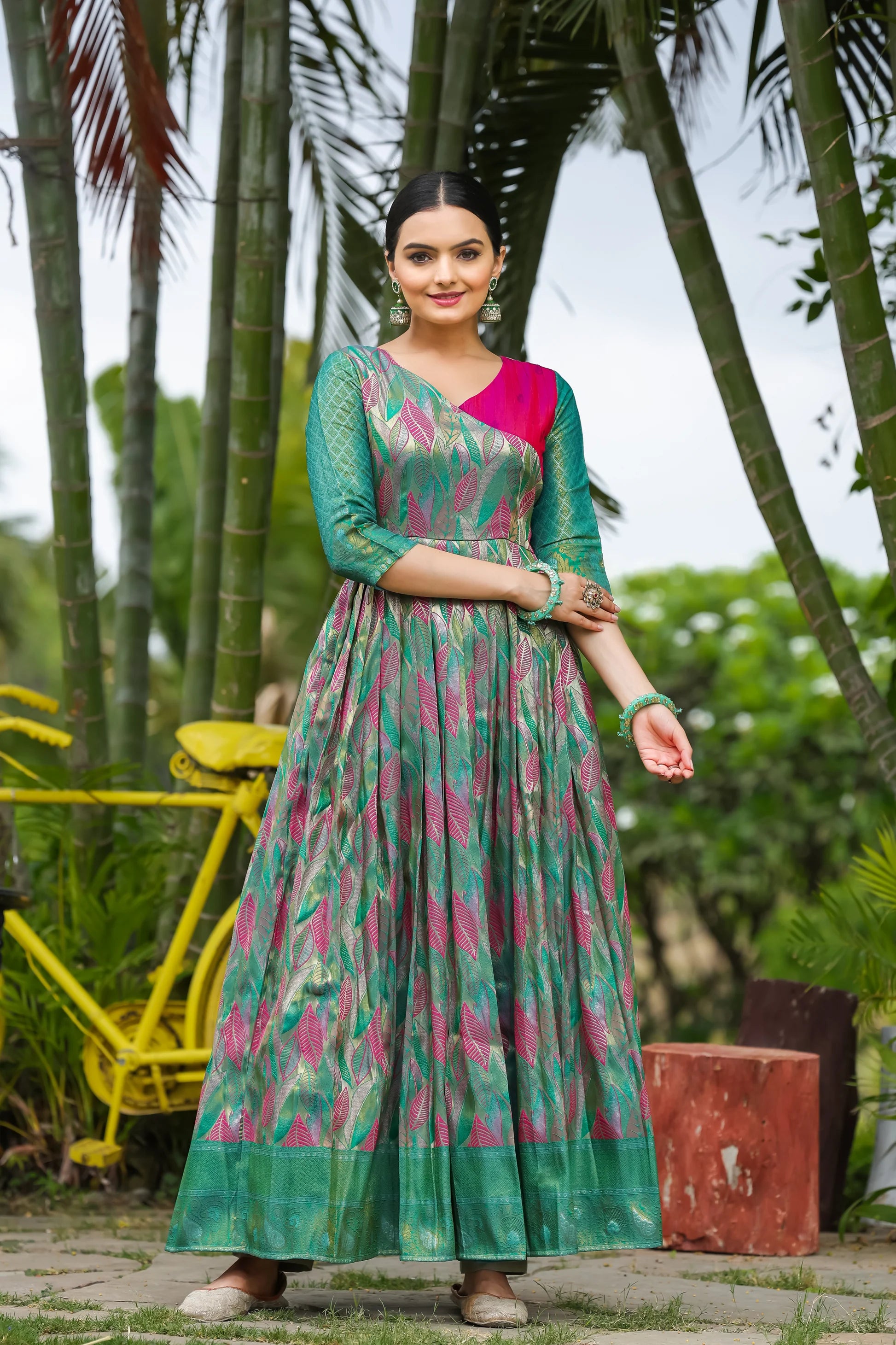 Dixz Fashion Banarasi Soft Silk Gown with Copper Weaving & Side Zipper
