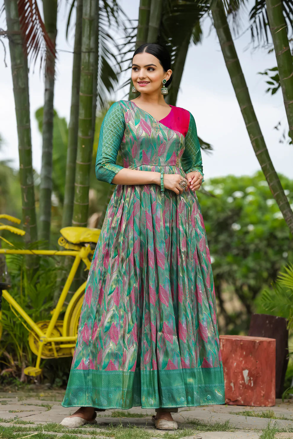 Dixz Fashion Banarasi Soft Silk Gown with Copper Weaving & Side Zipper