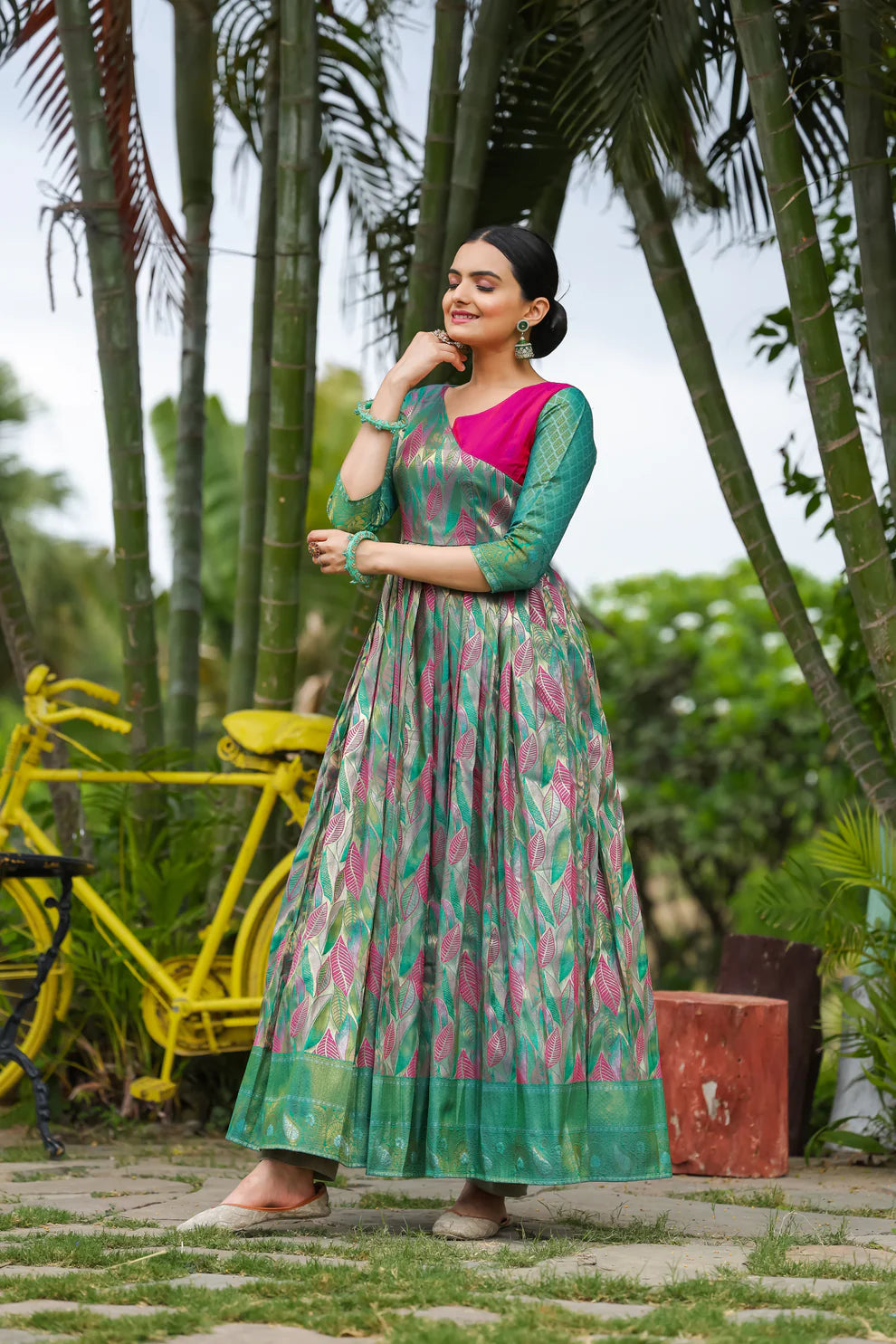 Dixz Fashion Banarasi Soft Silk Gown with Copper Weaving & Side Zipper