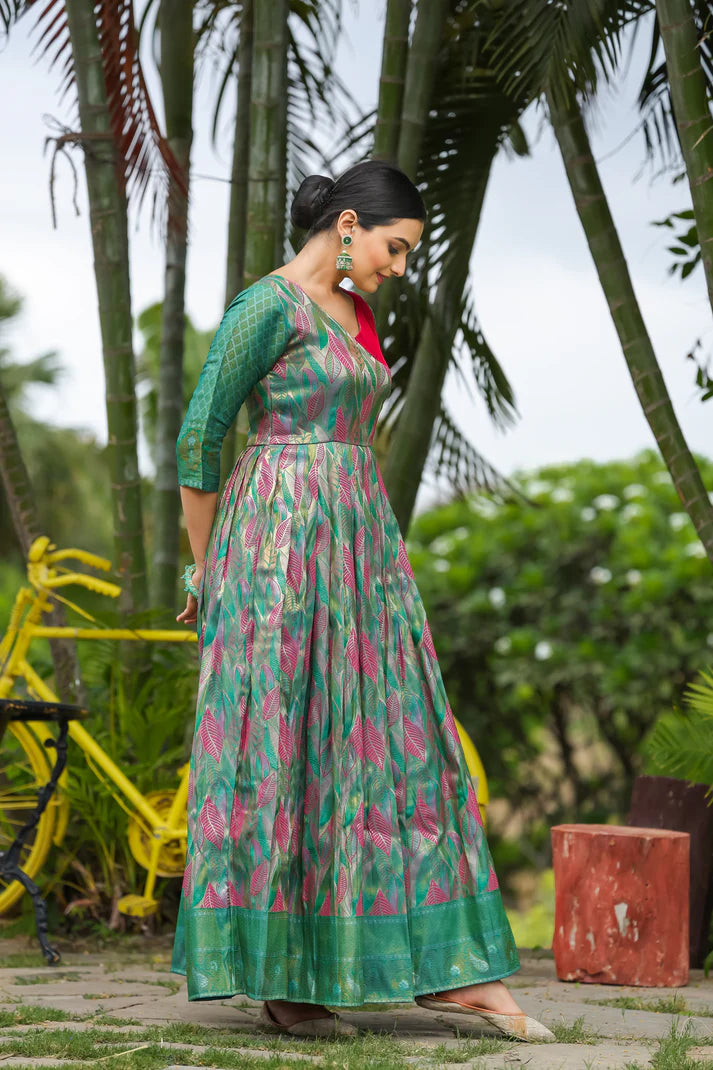 Dixz Fashion Banarasi Soft Silk Gown with Copper Weaving & Side Zipper