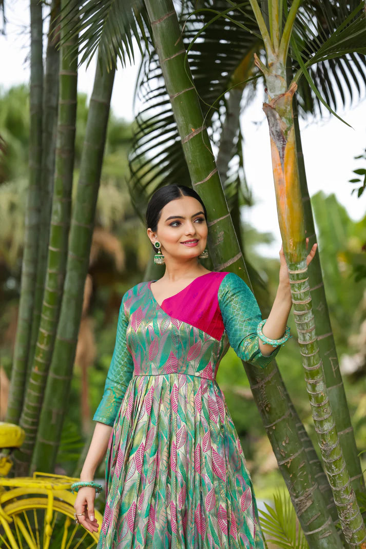 Dixz Fashion Banarasi Soft Silk Gown with Copper Weaving & Side Zipper