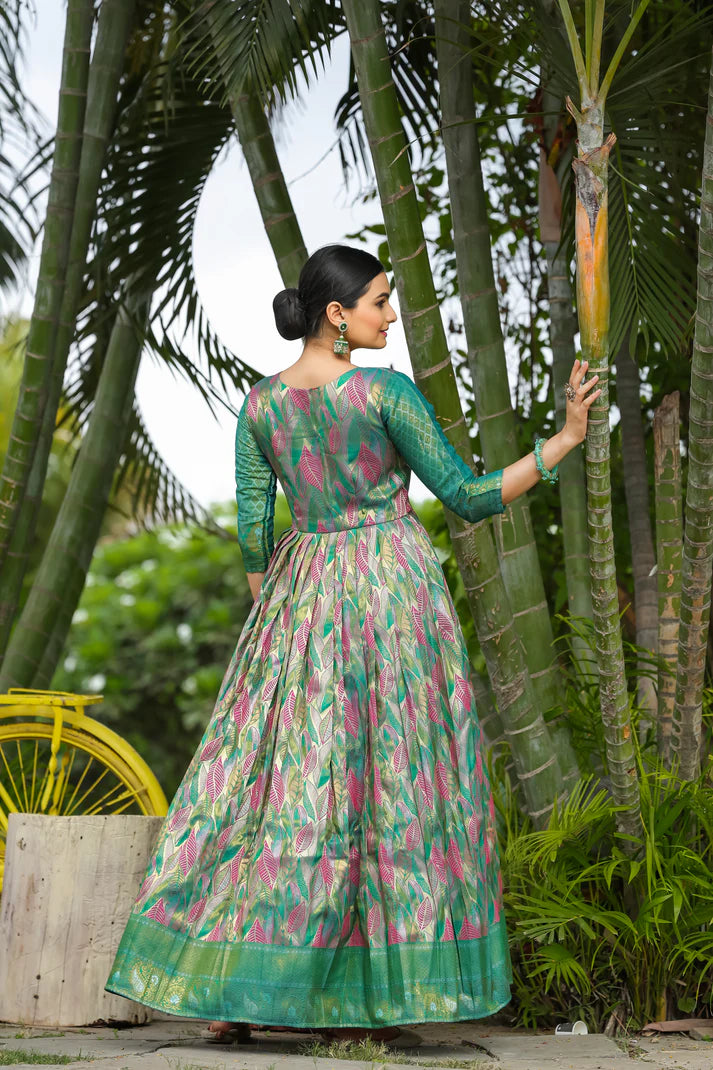 Dixz Fashion Banarasi Soft Silk Gown with Copper Weaving & Side Zipper