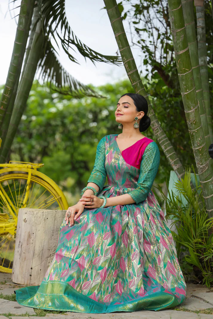 Dixz Fashion Banarasi Soft Silk Gown with Copper Weaving & Side Zipper