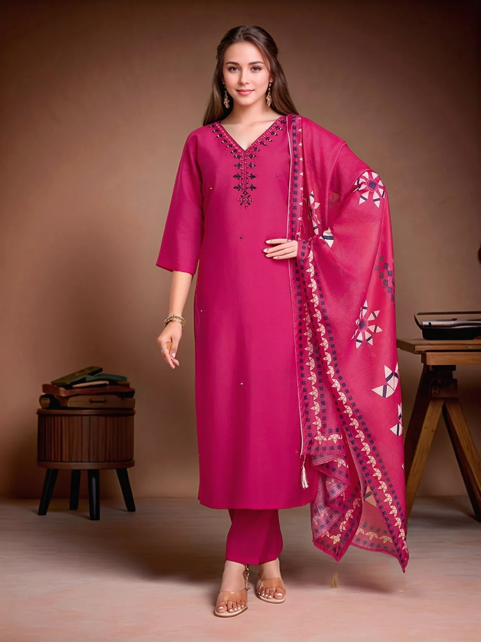 Dixz Fashion Pure Roman Silk pink mirron work kurti set