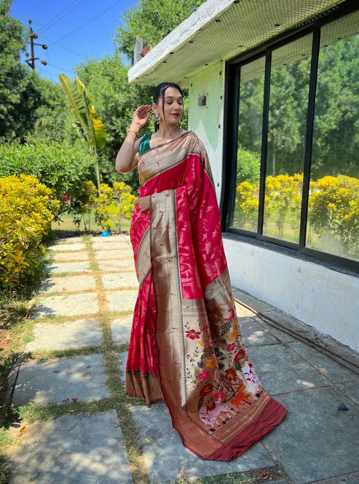 Dixz Fashion Pure soft paithani silk saree with rich weaved paithani pallu