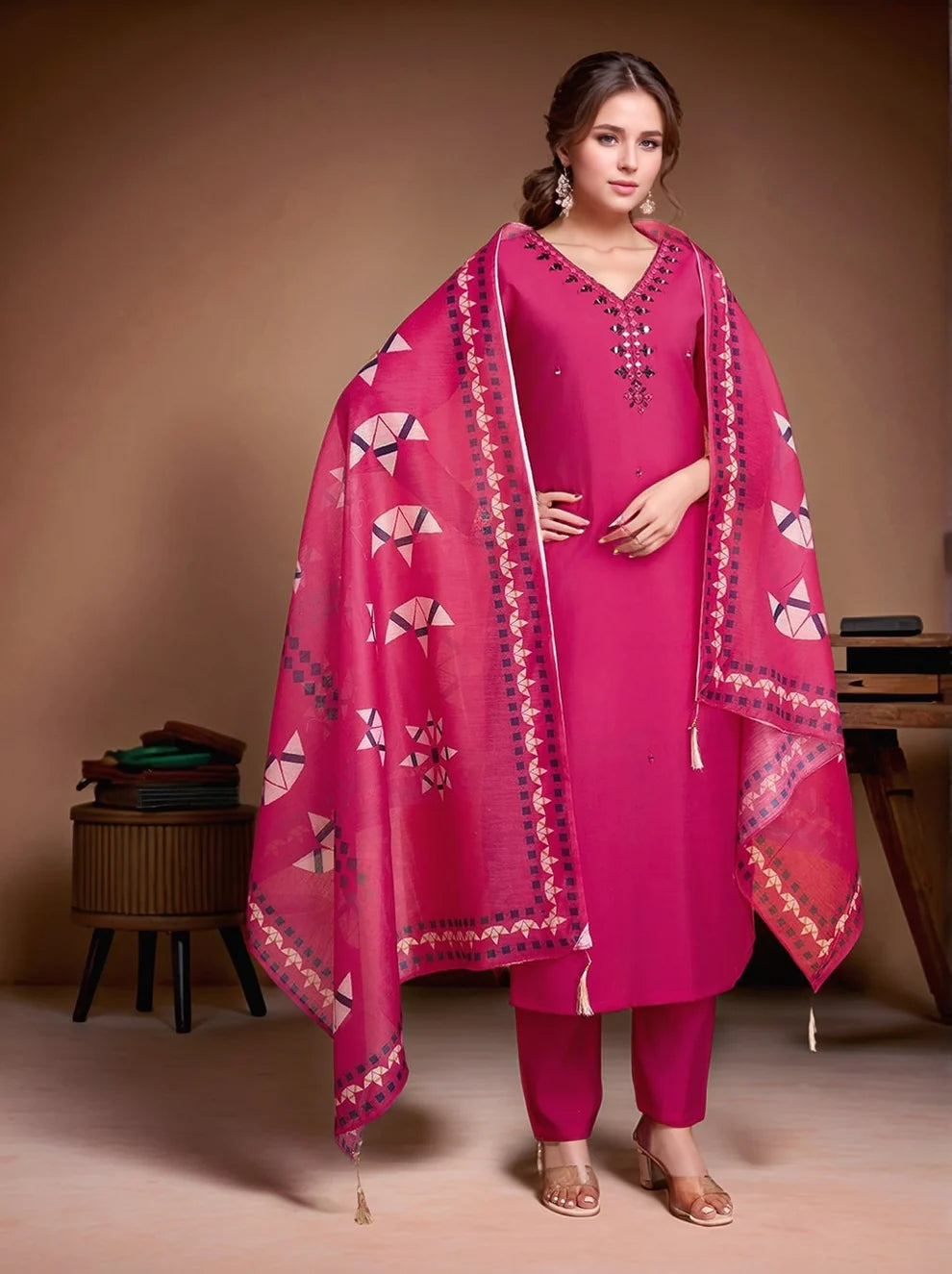 Dixz Fashion Pure Roman Silk pink mirron work kurti set