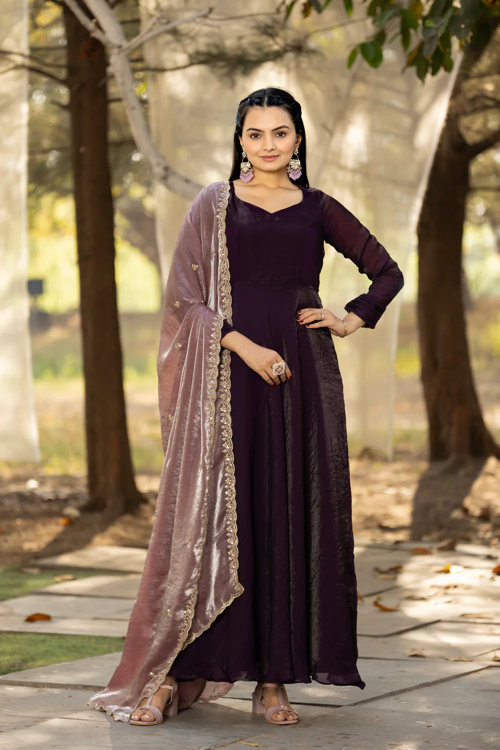 Dixz Fashion Timeless Elegance – Space Silk Gown with Zari Dupatta