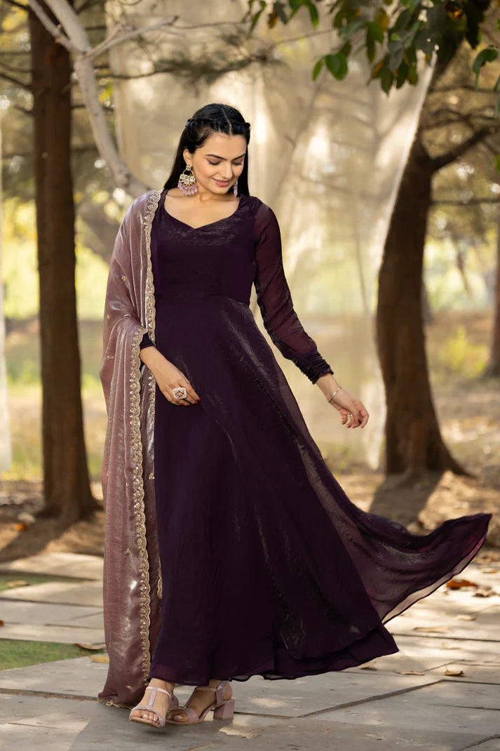 Dixz Fashion Timeless Elegance – Space Silk Gown with Zari Dupatta