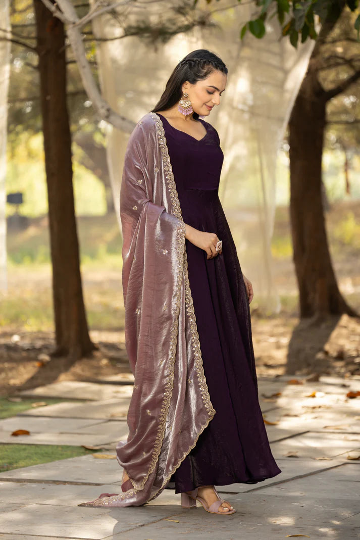 Dixz Fashion Timeless Elegance – Space Silk Gown with Zari Dupatta
