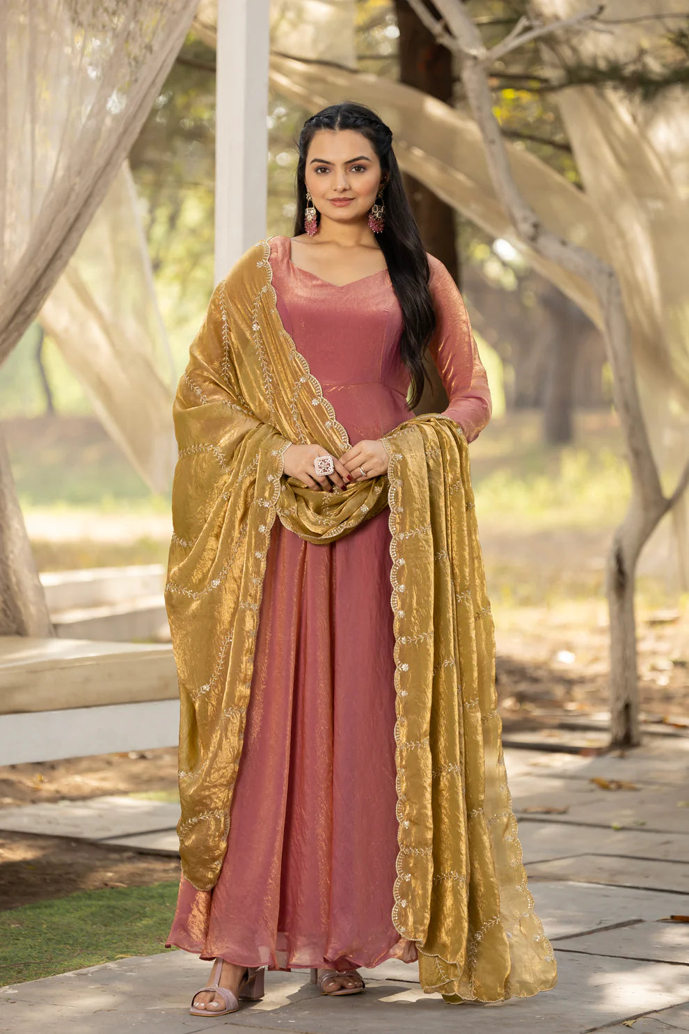 Dixz Fashion Timeless Elegance – Space Silk Gown with Zari Dupatta