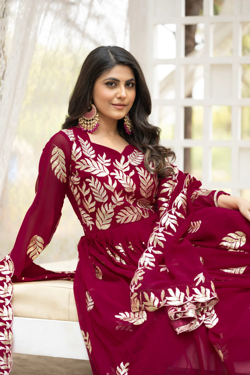 Dixz Fashion Designer Fox Georgette Gown Set with Heavy Sequin Thread Work (Fully Stitched)