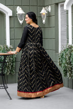 Dixz Fashion Chevron Zari-Woven Black Gown with Pleated Yoke & Zari Border Panel