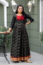 Dixz Fashion Chevron Zari-Woven Black Gown with Pleated Yoke & Zari Border Panel
