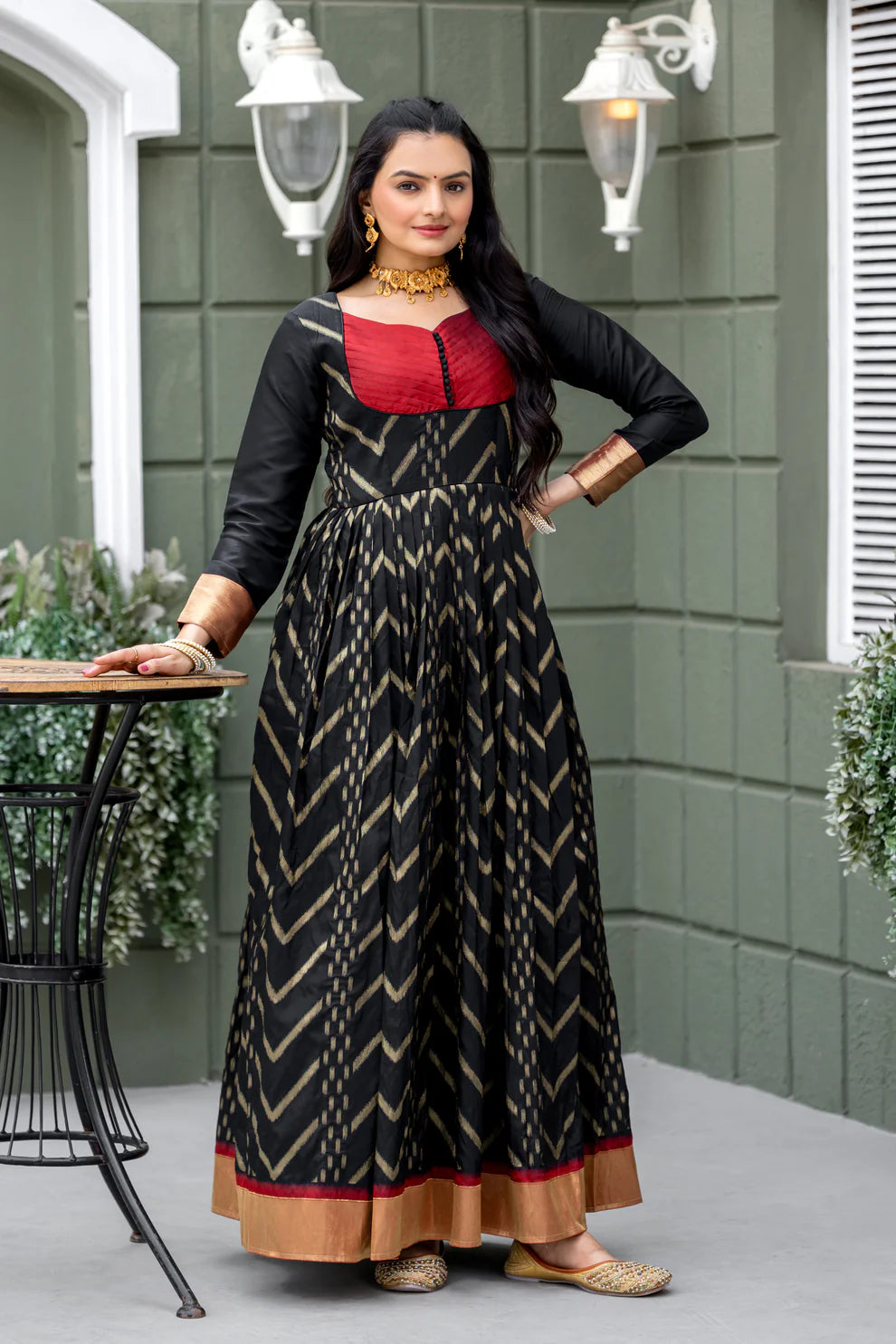 Dixz Fashion Chevron Zari-Woven Black Gown with Pleated Yoke & Zari Border Panel