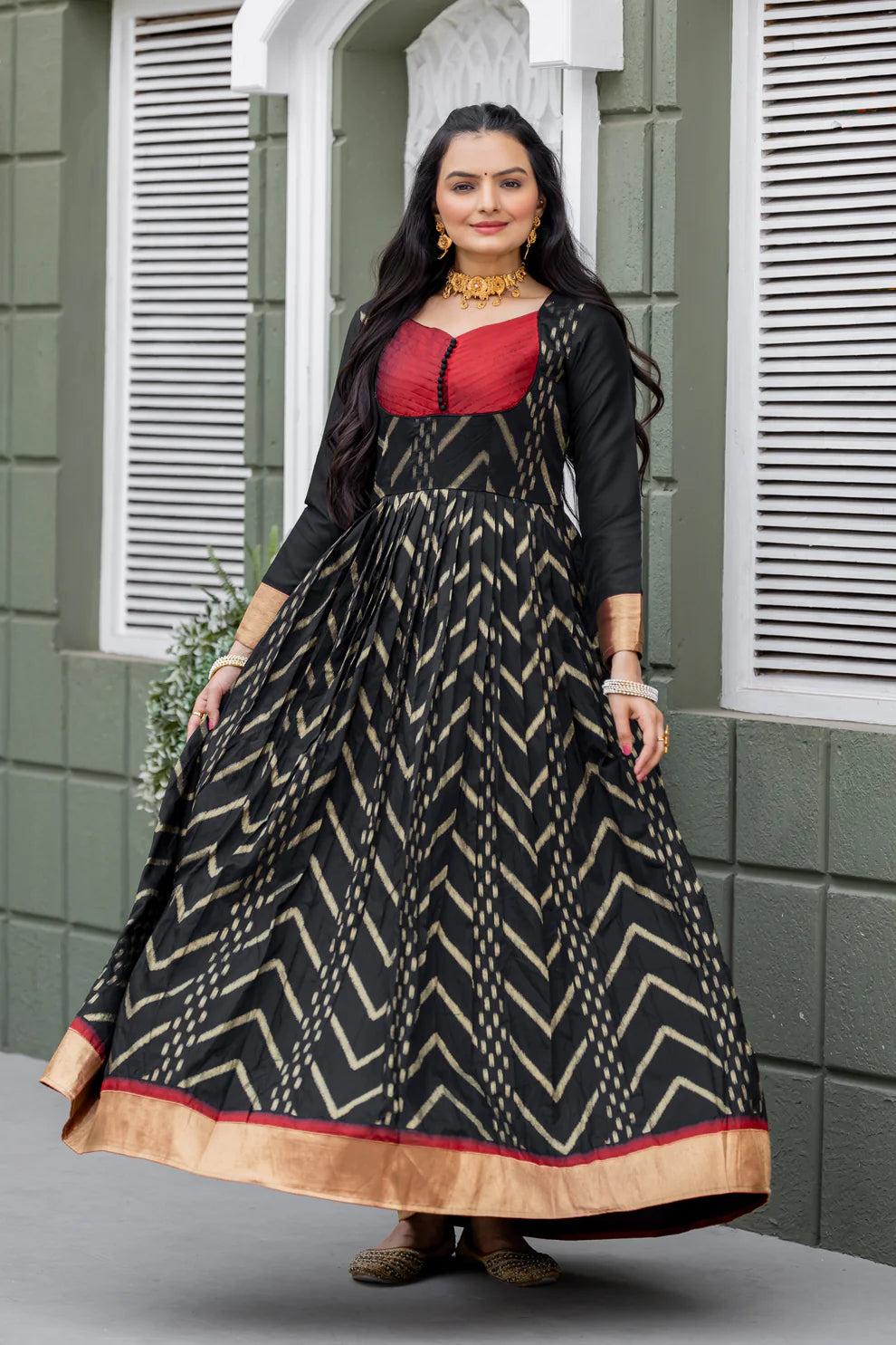 Dixz Fashion Chevron Zari-Woven Black Gown with Pleated Yoke & Zari Border Panel