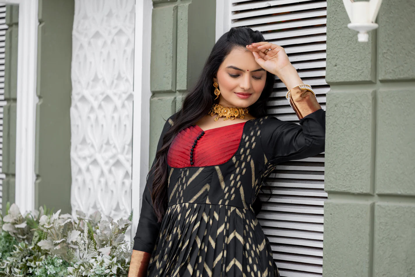 Dixz Fashion Chevron Zari-Woven Black Gown with Pleated Yoke & Zari Border Panel