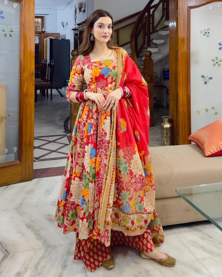 Designer Anarkali Gown Set – Muslin Cotton with Printed Bottom & Dupatta
