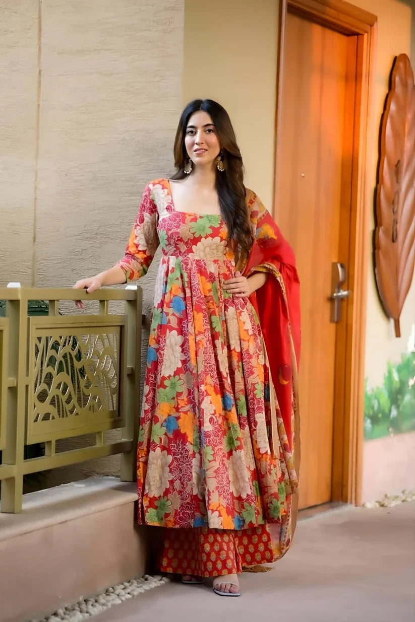 Dixz Fashion Designer Anarkali Gown Set – Muslin Cotton with Printed Bottom & Dupatta
