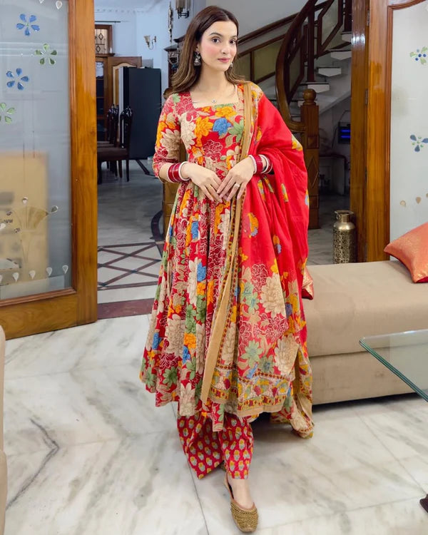 Designer Anarkali Gown Set – Muslin Cotton with Printed Bottom & Dupatta