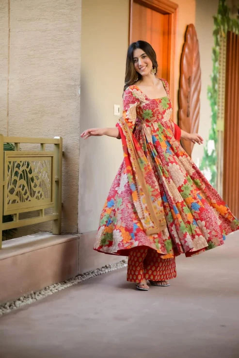 Designer Anarkali Gown Set – Muslin Cotton with Printed Bottom & Dupatta