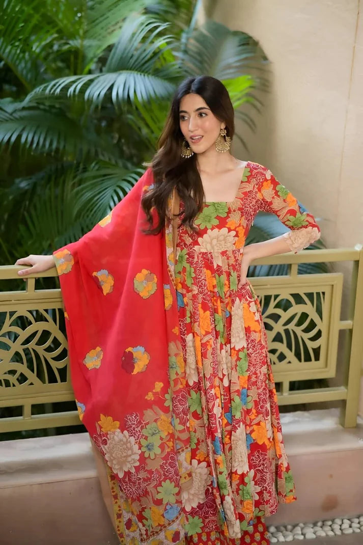 Designer Anarkali Gown Set – Muslin Cotton with Printed Bottom & Dupatta