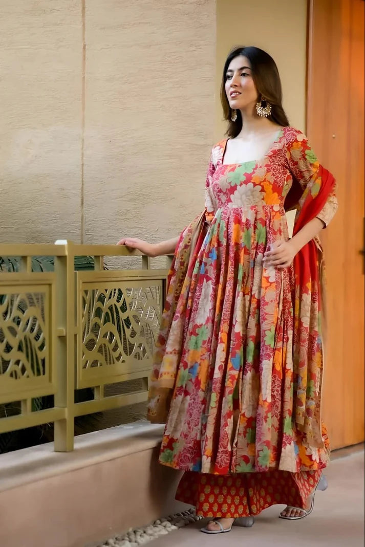 Designer Anarkali Gown Set – Muslin Cotton with Printed Bottom & Dupatta