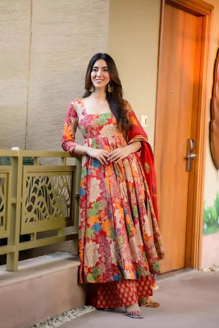 Designer Anarkali Gown Set – Muslin Cotton with Printed Bottom & Dupatta