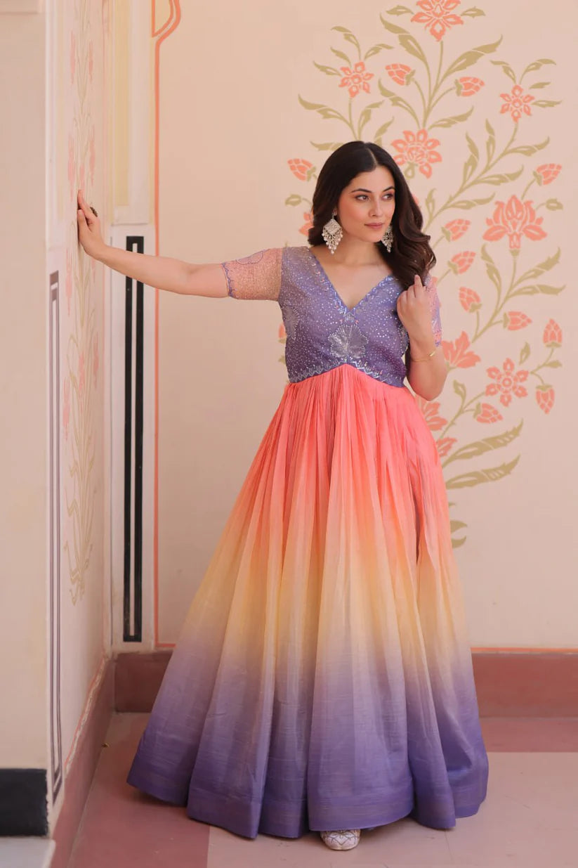 Dixz Fashion Gold Crush Padding With Beads Embroidered Work gown