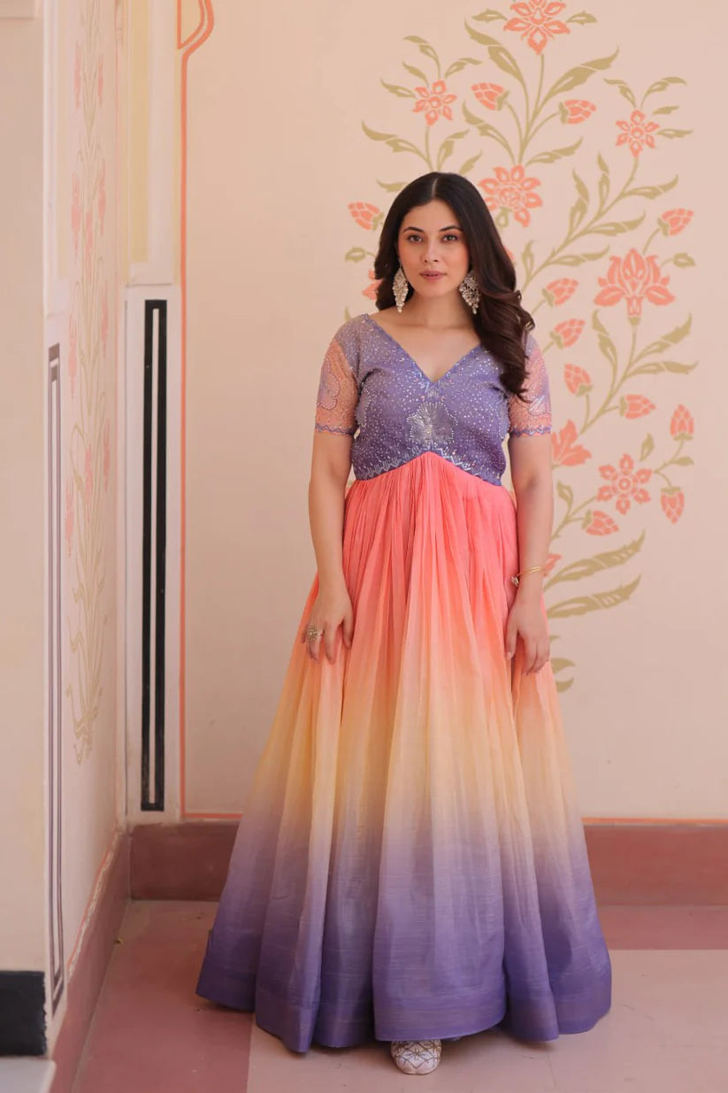 Dixz Fashion Gold Crush Padding With Beads Embroidered Work gown