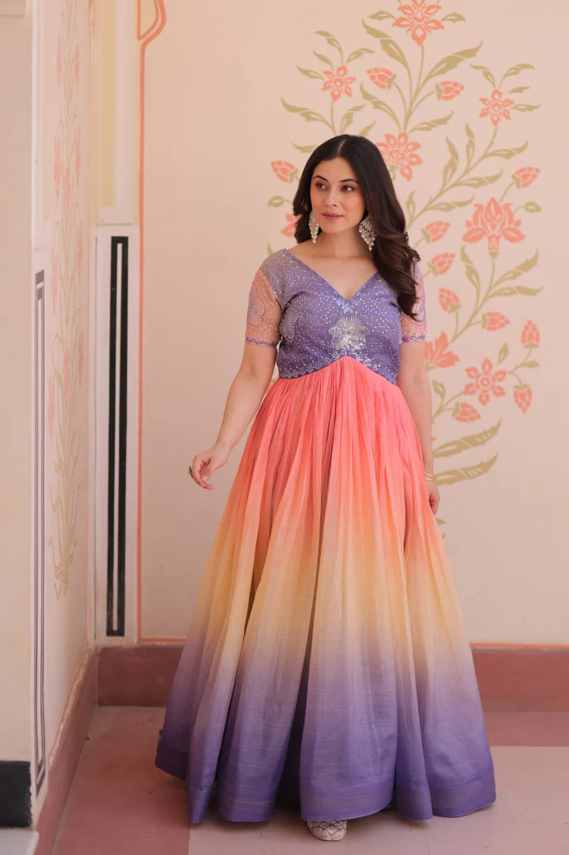 Dixz Fashion Gold Crush Padding With Beads Embroidered Work gown