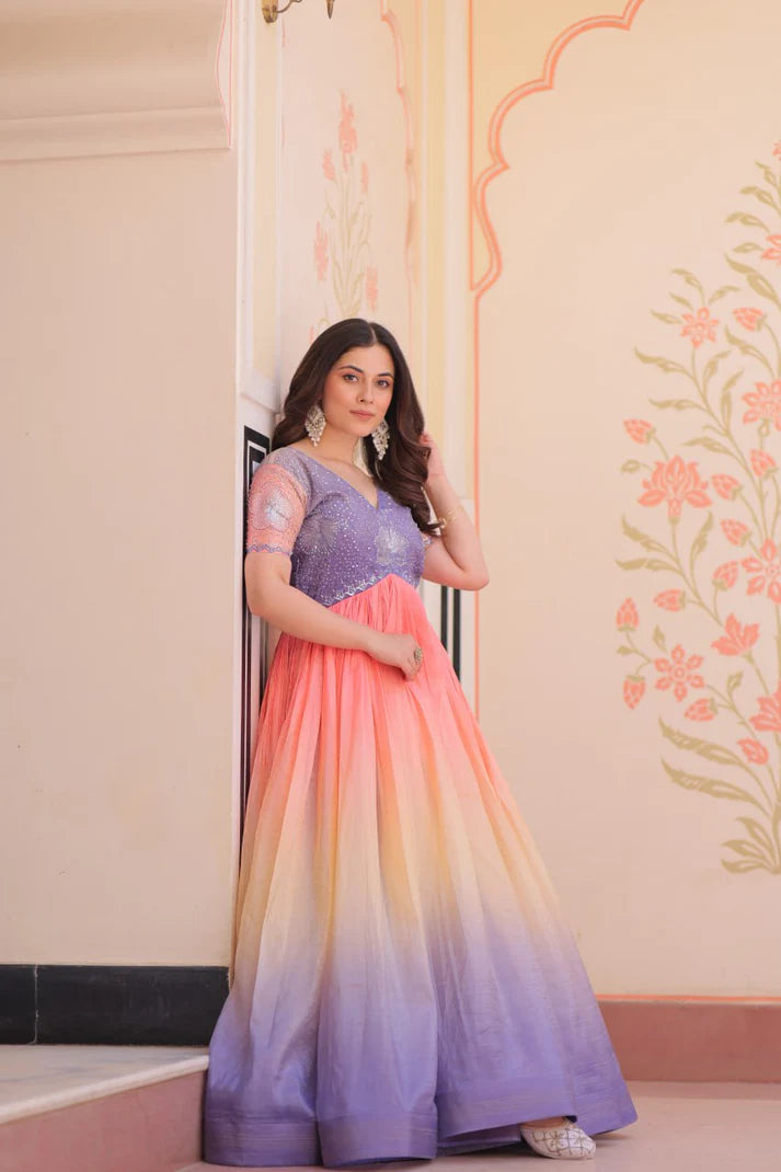 Dixz Fashion Gold Crush Padding With Beads Embroidered Work gown