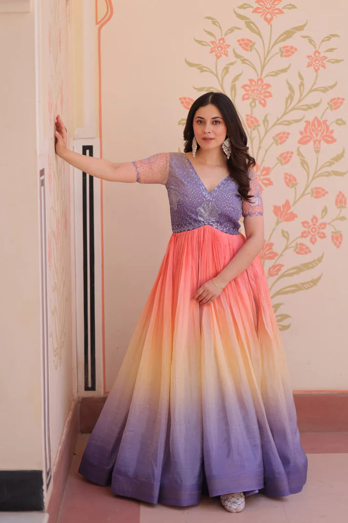 Dixz Fashion Gold Crush Padding With Beads Embroidered Work gown