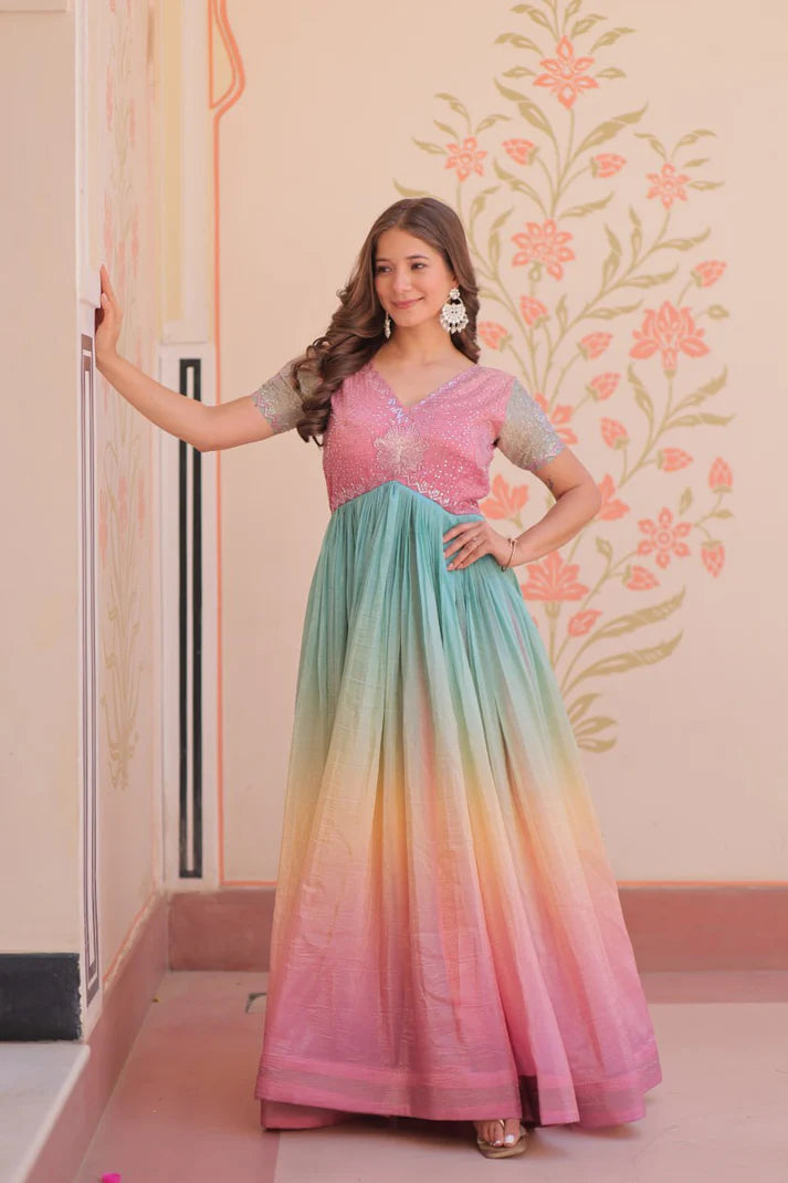 Dixz Fashion Gold Crush Padding With Beads Embroidered Work gown