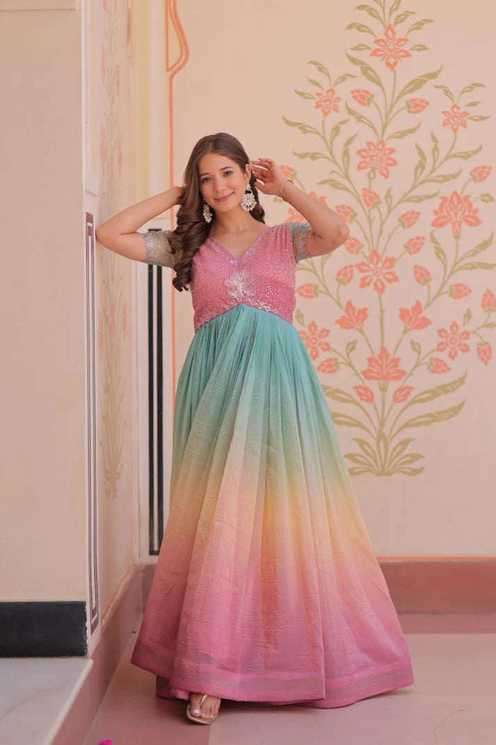 Dixz Fashion Gold Crush Padding With Beads Embroidered Work gown