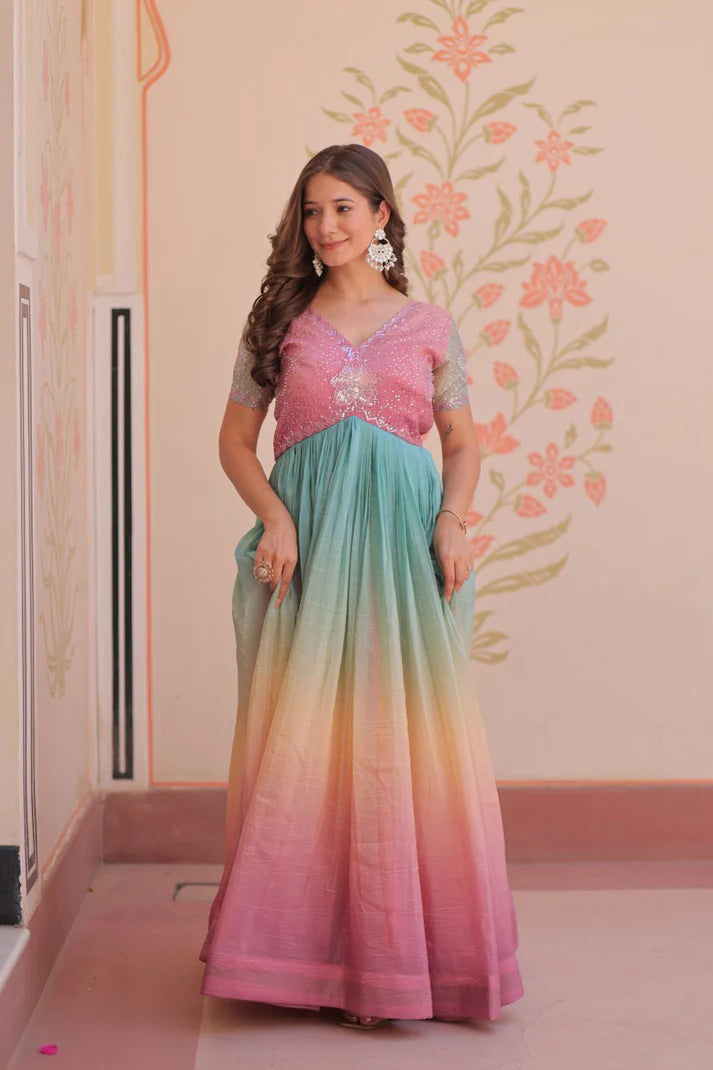 Dixz Fashion Gold Crush Padding With Beads Embroidered Work gown