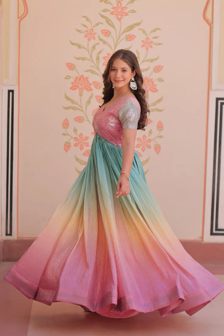 Dixz Fashion Gold Crush Padding With Beads Embroidered Work gown