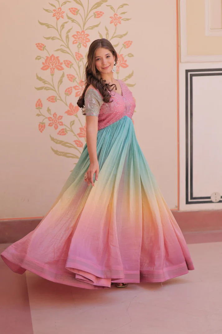 Dixz Fashion Gold Crush Padding With Beads Embroidered Work gown