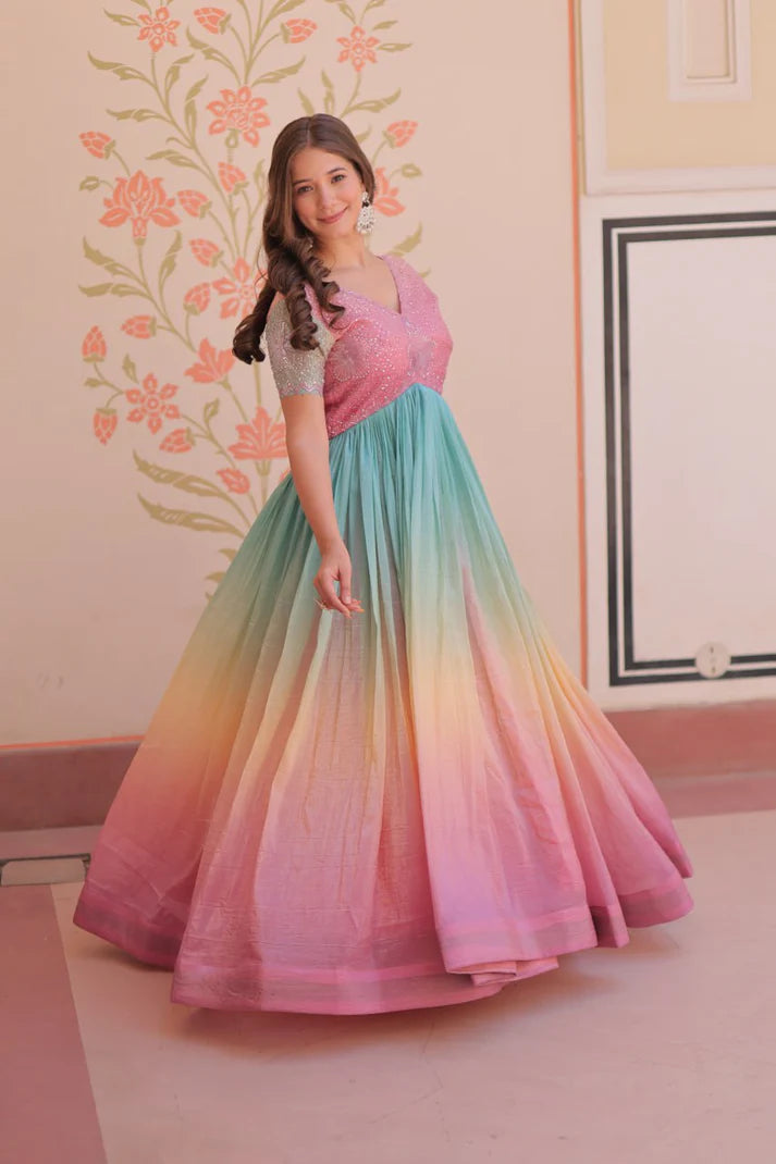 Dixz Fashion Gold Crush Padding With Beads Embroidered Work gown