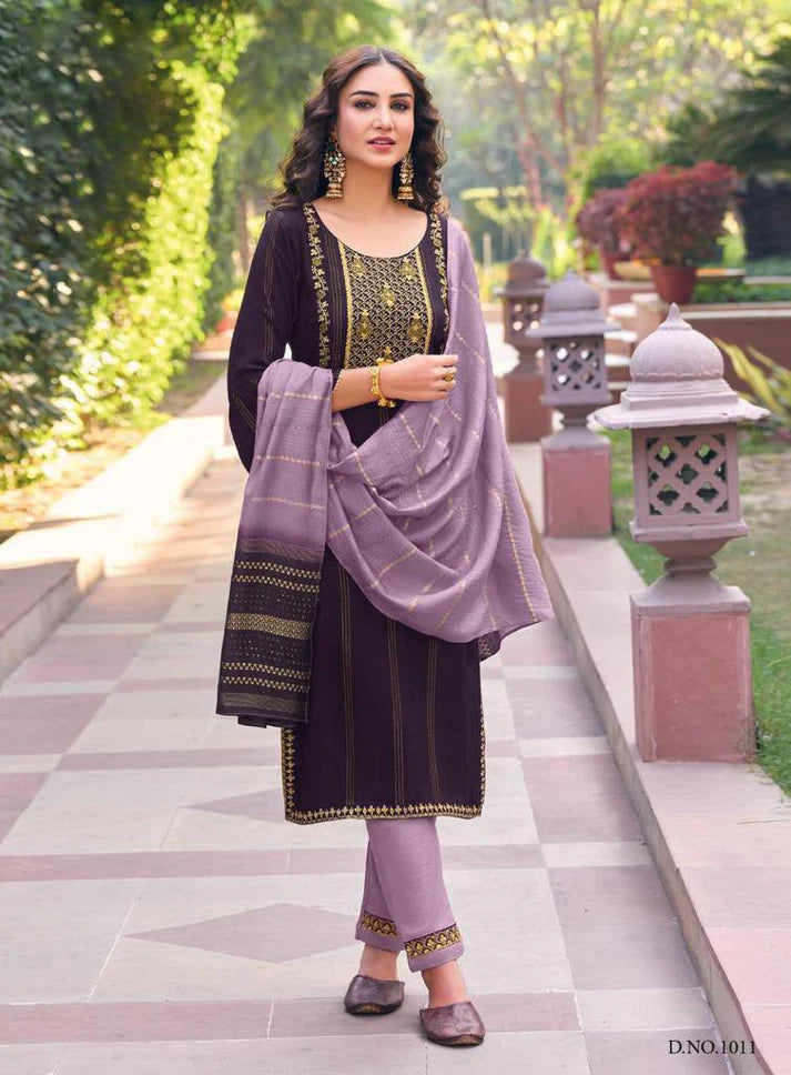 Elegant Viscose Rayon Dobby Jacquard Suit Set with Embroidery & Handwork