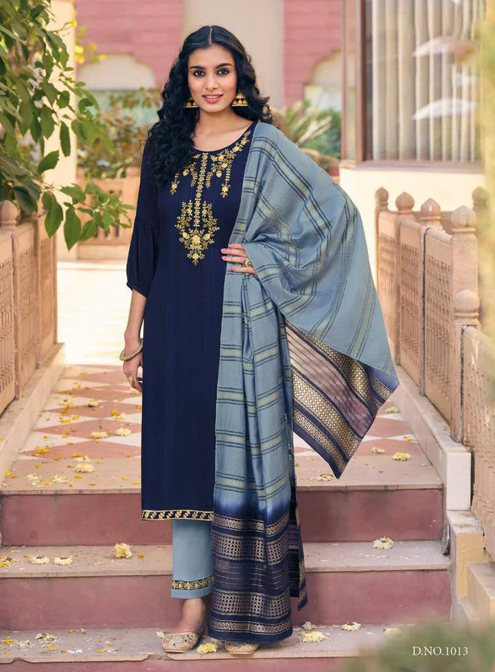 Elegant Viscose Rayon Dobby Jacquard Suit Set with Embroidery & Handwork