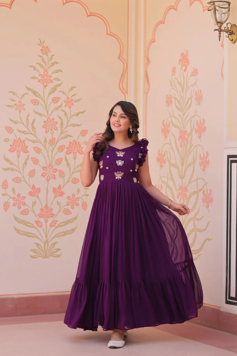 DIXZ FASHION FAUX BLOOMING WITH SEQUINS & EMBROIDERED WORK GOWN