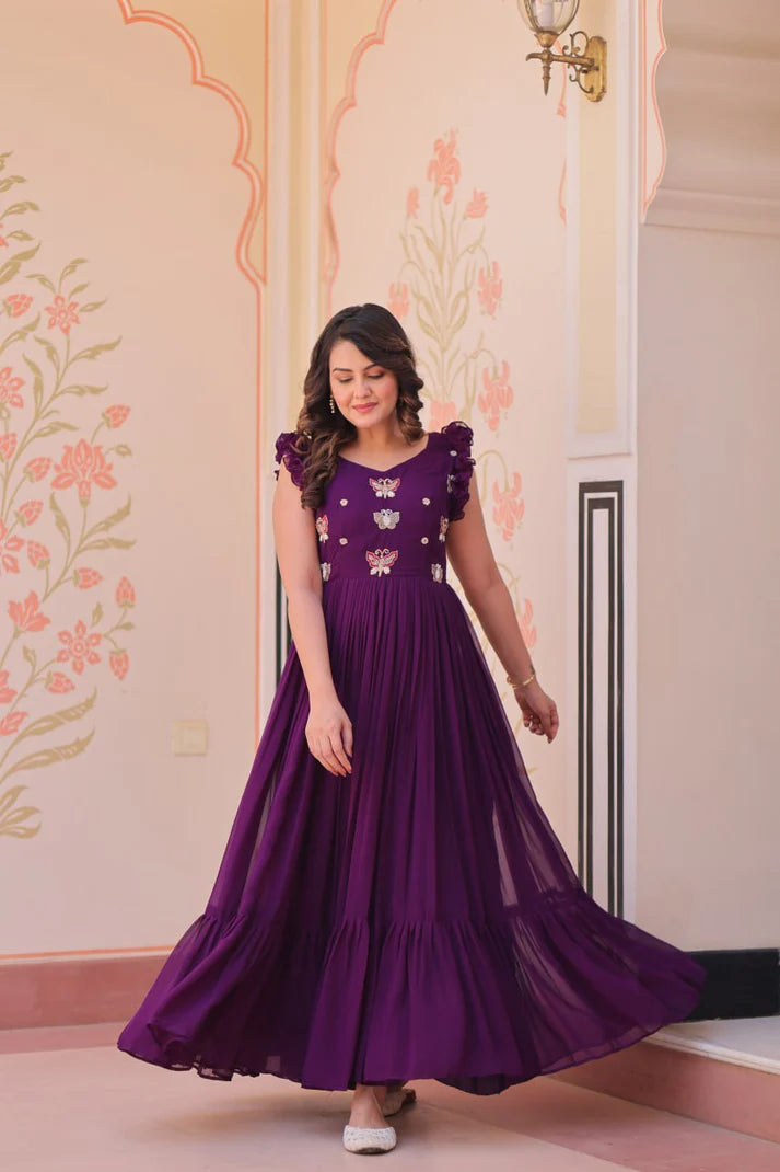 DIXZ FASHION FAUX BLOOMING WITH SEQUINS & EMBROIDERED WORK GOWN