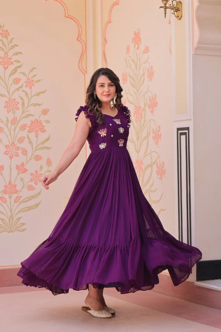 DIXZ FASHION FAUX BLOOMING WITH SEQUINS & EMBROIDERED WORK GOWN