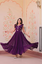 DIXZ FASHION FAUX BLOOMING WITH SEQUINS & EMBROIDERED WORK GOWN