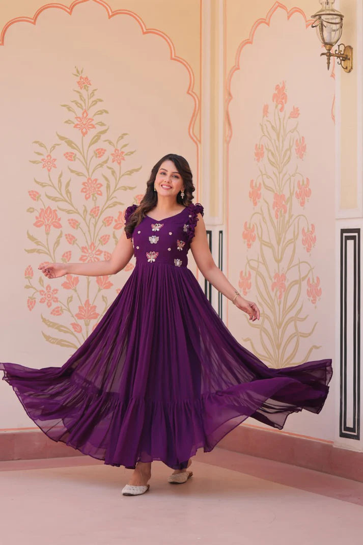 DIXZ FASHION FAUX BLOOMING WITH SEQUINS & EMBROIDERED WORK GOWN