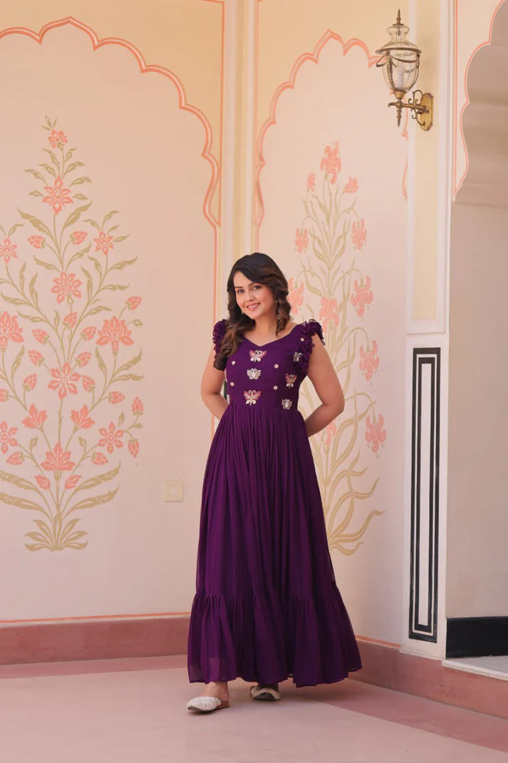 DIXZ FASHION FAUX BLOOMING WITH SEQUINS & EMBROIDERED WORK GOWN