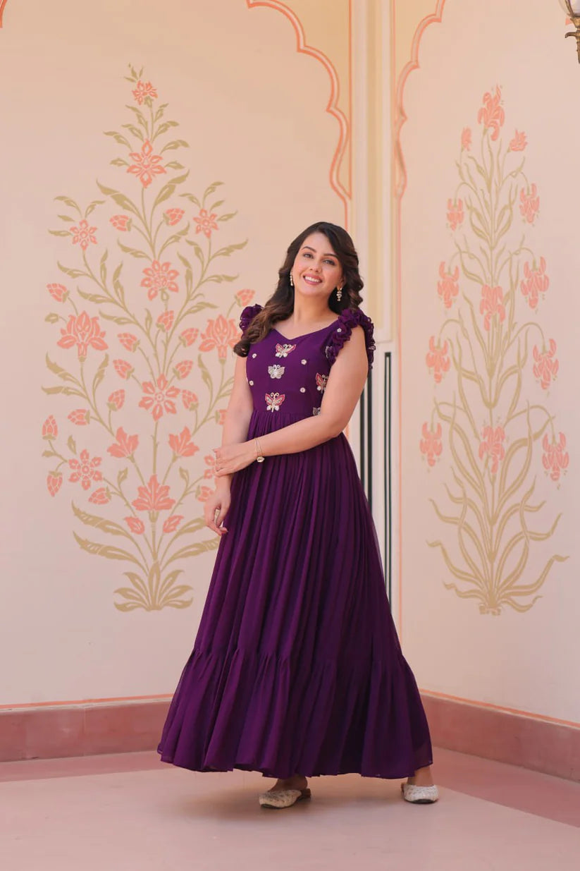 DIXZ FASHION FAUX BLOOMING WITH SEQUINS & EMBROIDERED WORK GOWN