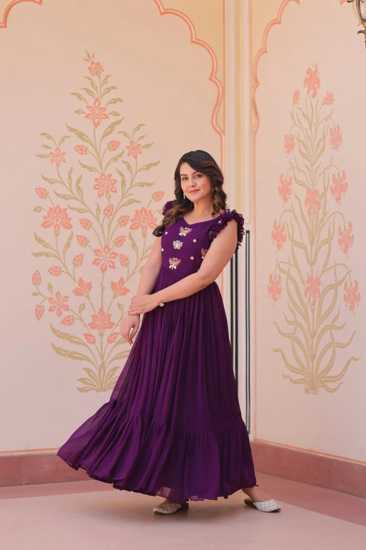 DIXZ FASHION FAUX BLOOMING WITH SEQUINS & EMBROIDERED WORK GOWN